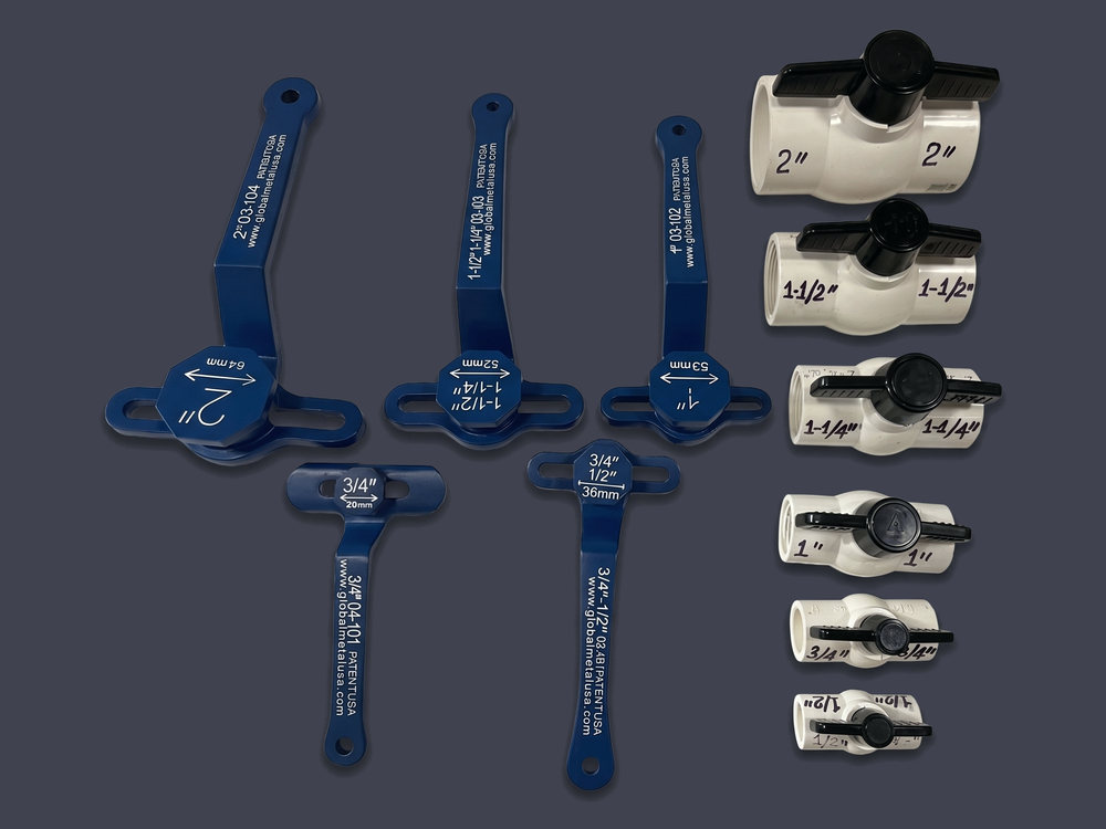 Global Metal USA PVC ball valve wrenches, 1/2&Prime; to 2&Prime;, beside the PVC ball valves they fit