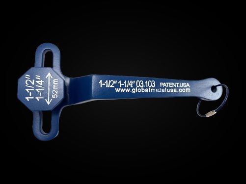 1-1/4 and 1-1/2 inch PVC ball valve frame wrench, engraved blue face and cable key ring on a black background, item 03-103