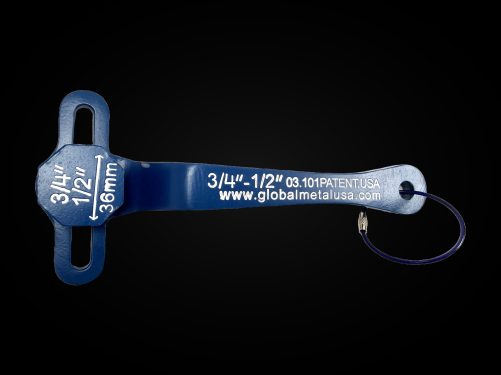 1/2-inch and 3/4-inch PVC ball valve frame wrench, engraved face and key ring on a black background, item 03-101