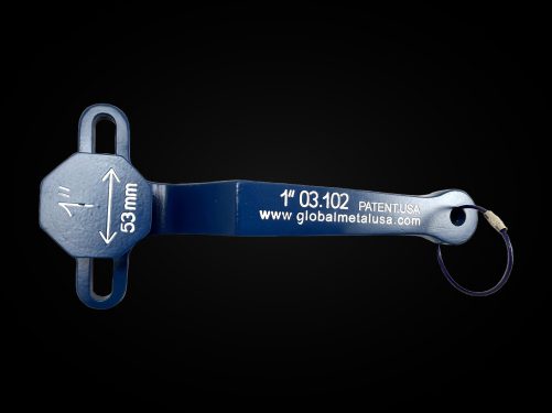 1-inch PVC ball valve frame wrench in blue, engraved face and blue cable key ring on a black background, item 03-102