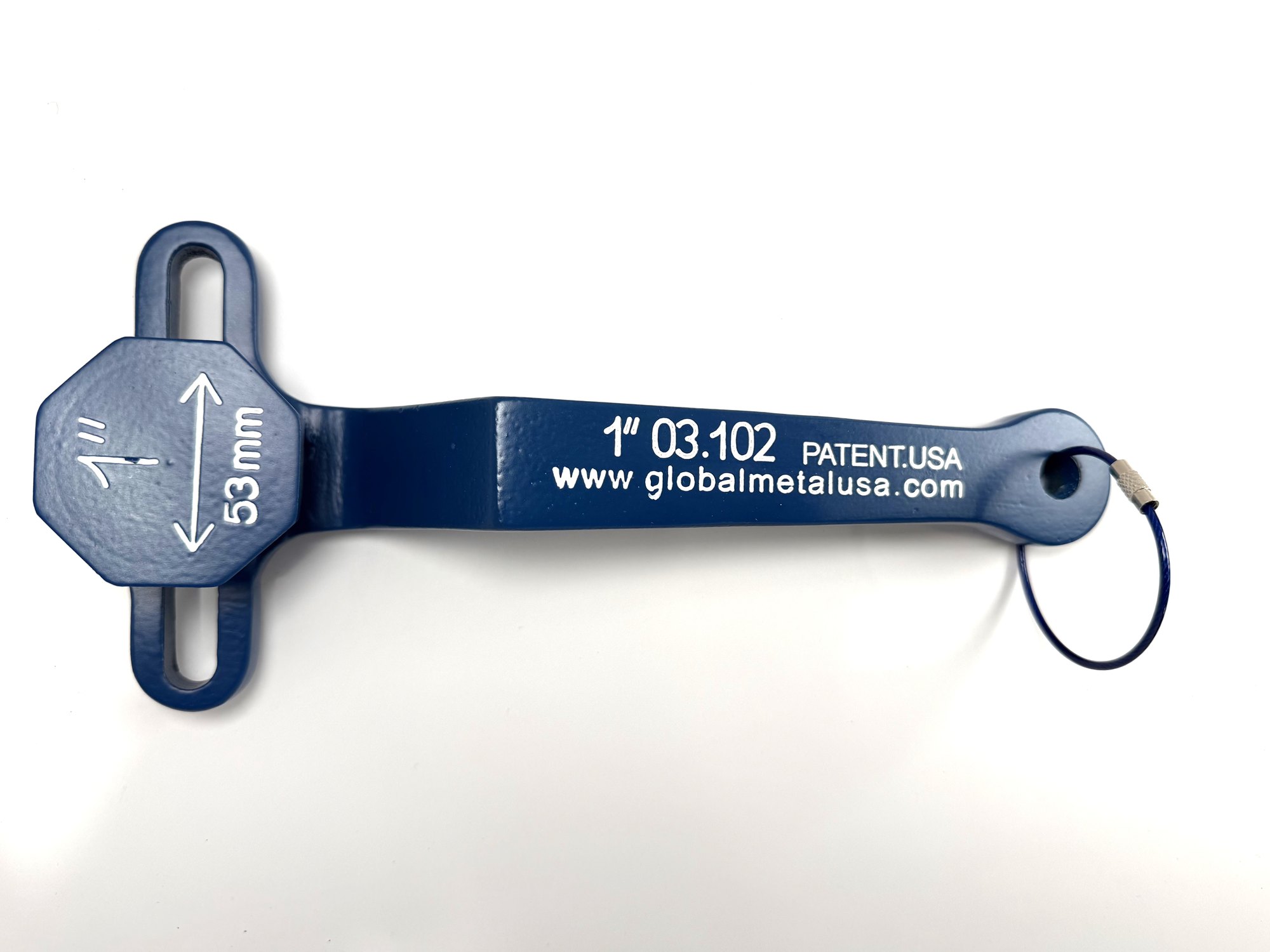 1-inch PVC ball valve frame wrench, engraved face at a slight tilt, 53 mm head mark and item number, item 03-102