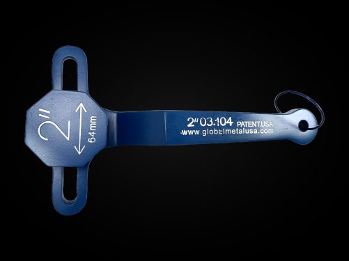 2-inch PVC ball valve frame wrench, engraved front with octagonal 2" head, slotted arms and key ring, on black, item 03-104