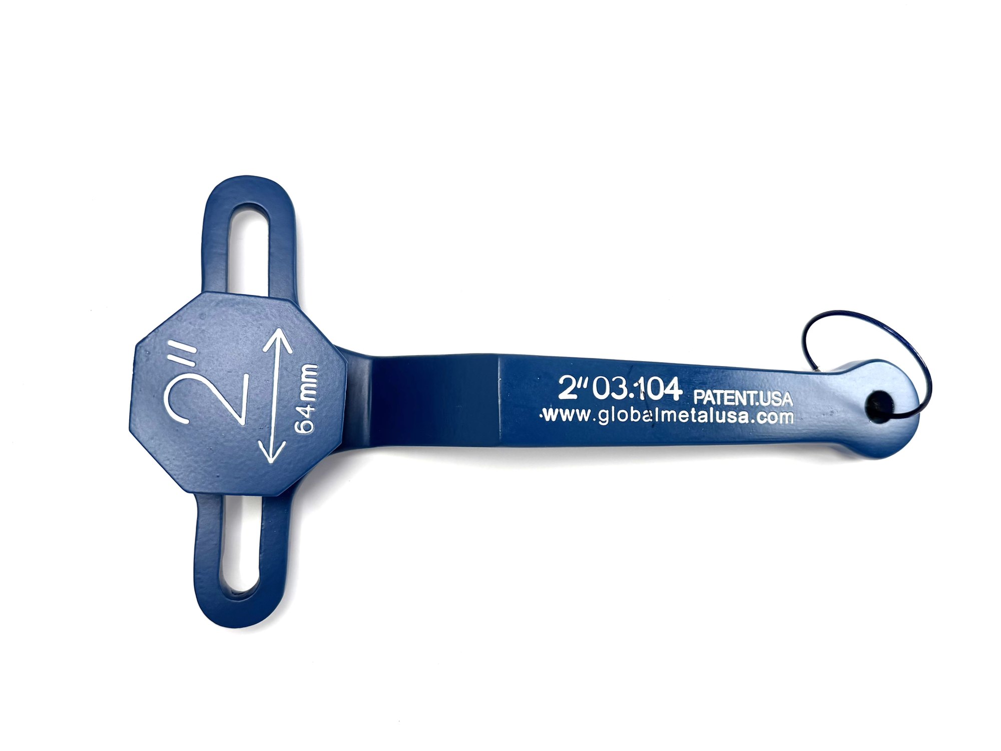 2-inch PVC ball valve frame wrench on a white background, shank engraved with size, item number and web address, item 03-104